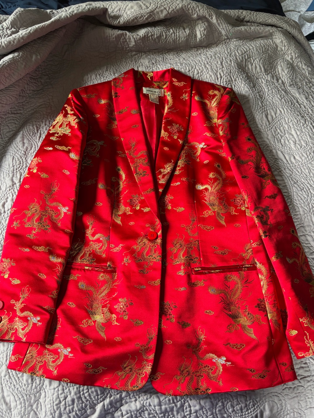 Jenni Red Satin Blazer with Gold Dragon Motif